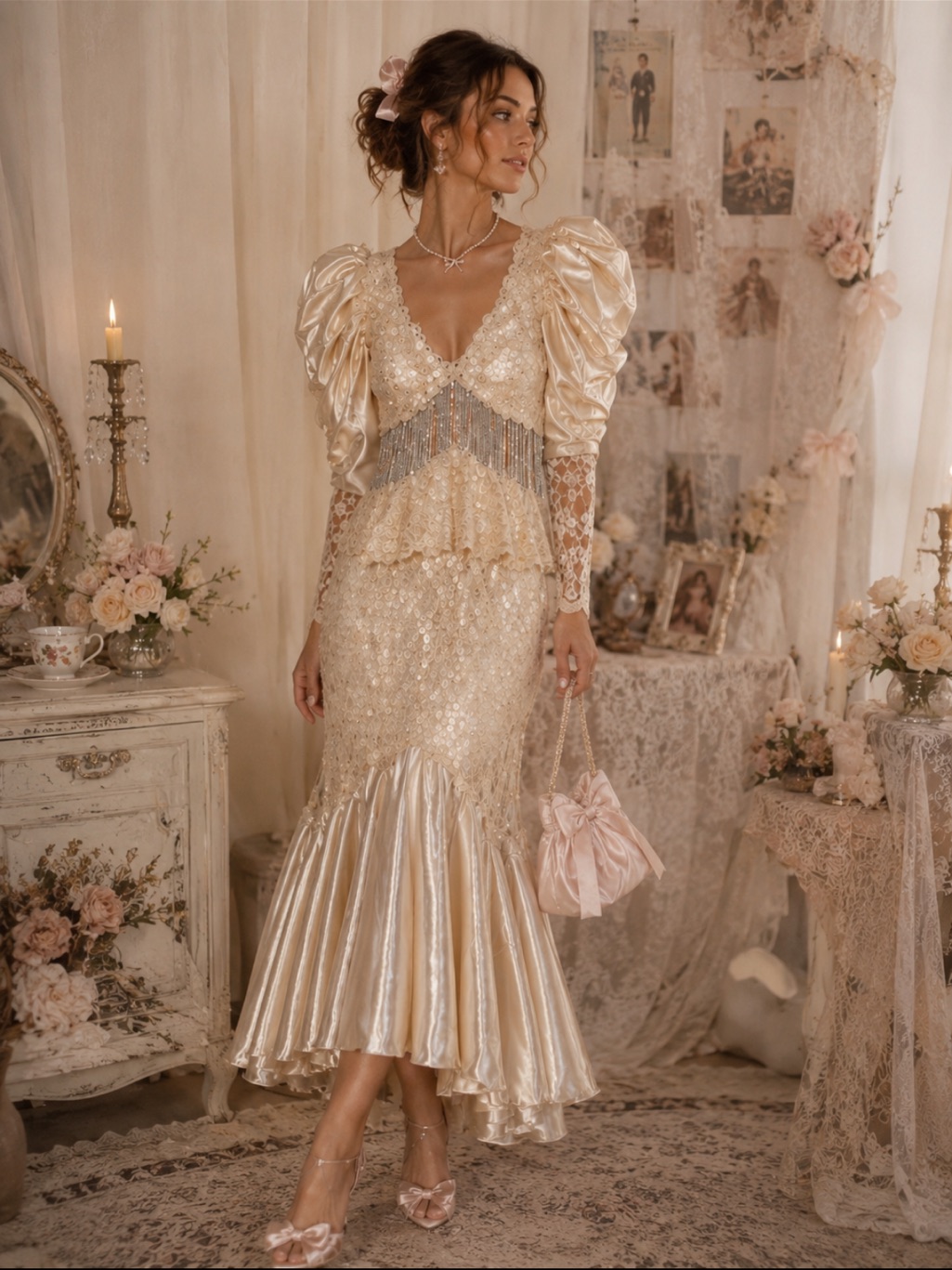 Vintage Cachet By Bari Protas Ivory Lace Mermaid Gown With Puff Sleeves